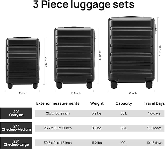 NINETYGO Medium Checked Luggage 24 Inch, Checking In Luggage with Smooth Spinner Wheels, Expandable, Hard Shell PC+ABS Suitcase, Lightweight Travel Luggage, TSA Approved (Black, Andes)