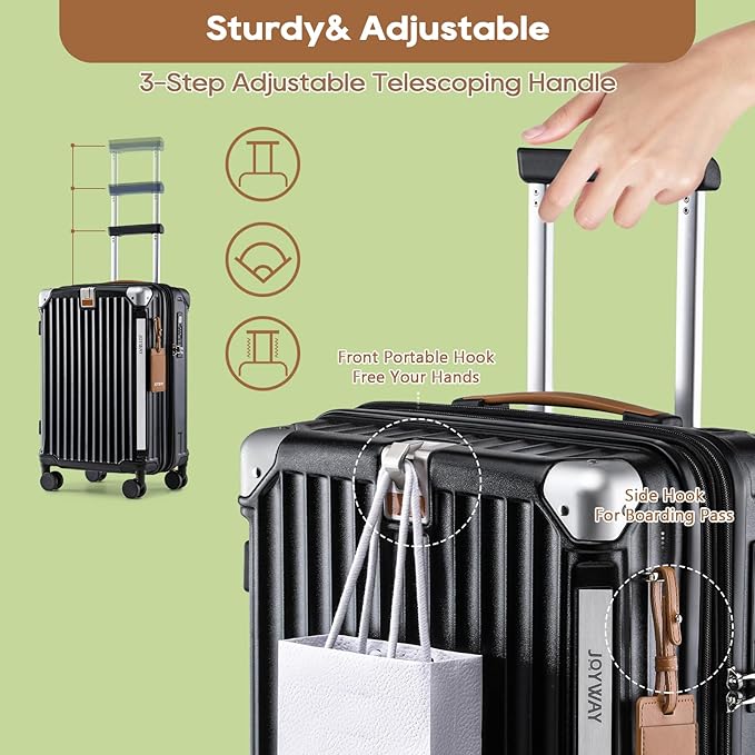 Joyway Carry On Luggage, Expandable Suitcase with Smart Cup Holder and USB Port, 20 IN Hardside Checked with TSA Lock Spinner Double Wheels, Black
