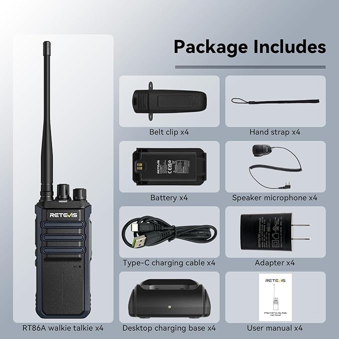 Retevis RT86A Walkie Talkies Long Range, Heavy Duty Two Way Radio with Mic, GMRS 2 Way Radio, Group Call, Easy Pairing, for Construction Industry(4 Pack)