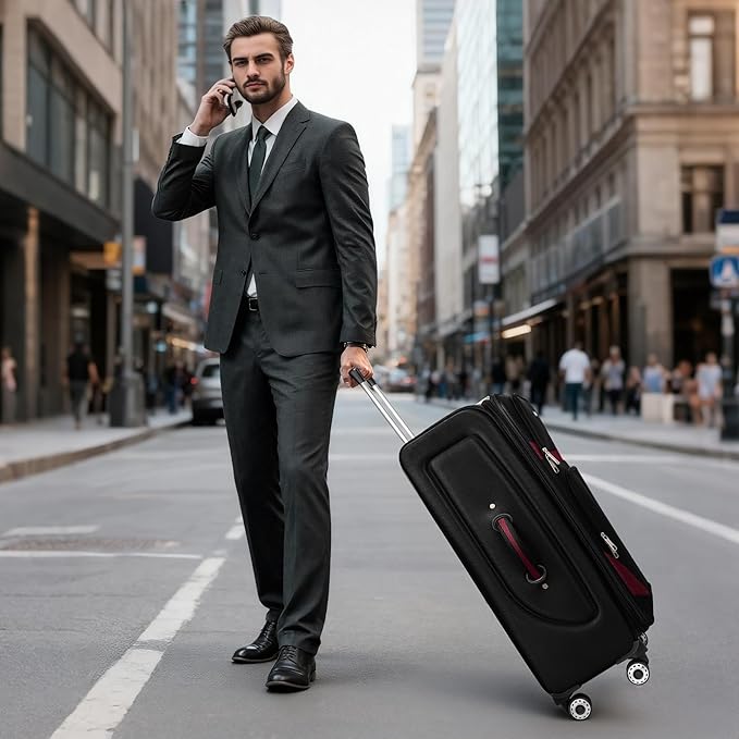 28" Large Softside Expandable 15% Checked Luggage with Double Spinner Wheels LOCK,Lightweight Travel Suitcase for Men/Women(Black-Burgund,28in)