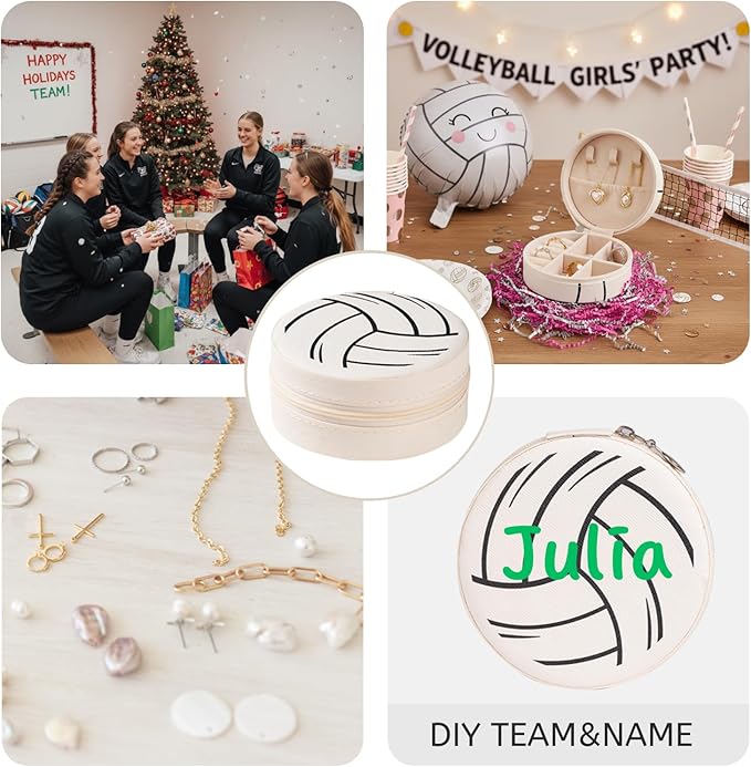12-Pack Volleyball Mini Travel Jewelry Case Round Volleyball Stuff Portable Jewelry Organizer Storage Case for Christmas Sports Team Club Lovers Birthday Goodie Favors Gifts (Volleyball)