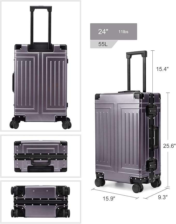All Aluminum Carry On Luggage,Cut from Whole Aluminum Sheet,22x14x9 Airline Approved ,(3rd Generation,Premium Metal zipperless suitcase ) (grey, 24inch)