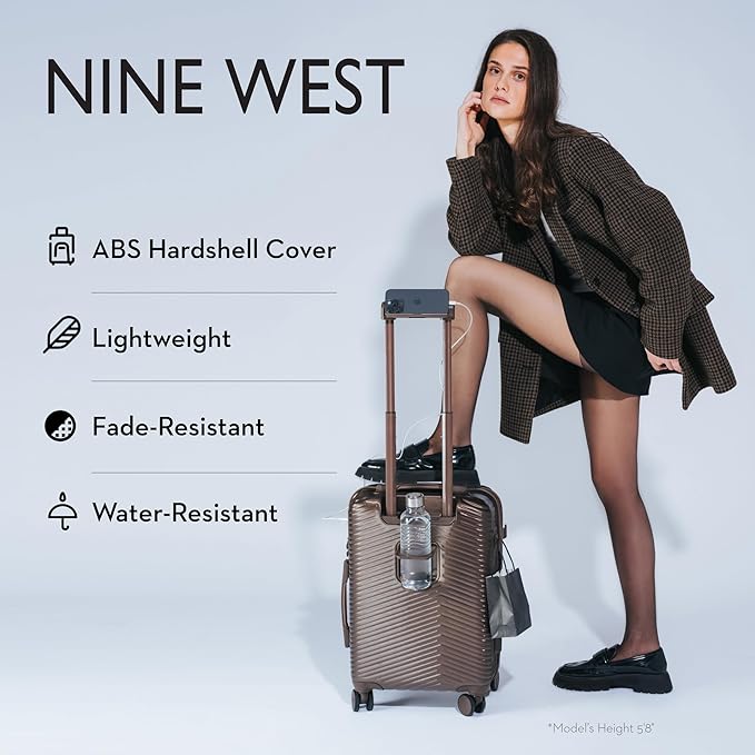 Nine West Zion 20" Inch Smart Carry On Luggage with Wheels, Hardshell Suitcase with Cup Holder & USB Port for Charging, Airline Approved Cabin Bag Chocolate Martini