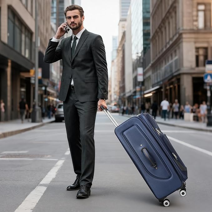 28" Large Softside Expandable 15% Checked Luggage with Double Spinner Wheels LOCK,Lightweight Travel Suitcase for Men/Women(Navy-Grey,28in)