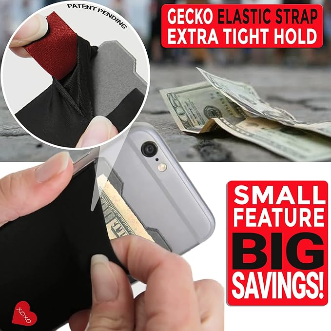 Gecko Travel Tech Double Pocket - Adhesive Card Holder - Cell Phone Pouch - Stick on Spandex Pocket - Carry Credit Cards and Cash (HEART)