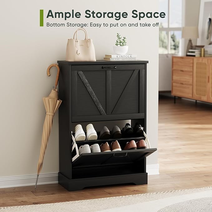 Shoe Cabinet, Shoe Storage Cabinet for Entryway with 2 Flip Drawers, Narrow Farmhouse Shoe Organizer Cabinet, Slim Shoe Rack Cabinet, 23.6in Black