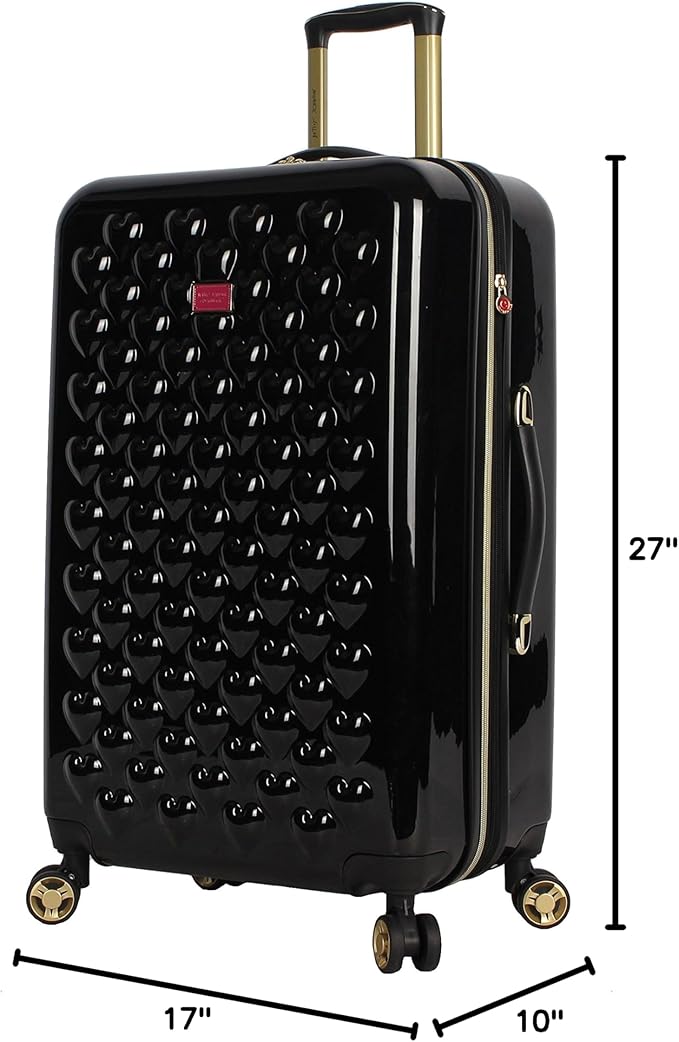 Betsey Johnson 26 Inch Checked Luggage Collection - Expandable Scratch Resistant (ABS + PC) Hardside Suitcase - Designer Lightweight Bag with 8-Rolling Spinner Wheels (Heart to Heart Black)