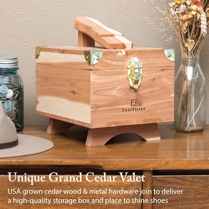 FootFitter Shoe Shine Set with Grand Cedar Storage Box, Polish Creams, Valet Box & Premium Shoe Care Tools for Leather Shoes