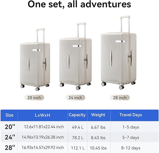 Travel Luggage Sets 3 Piece with Spinner Wheels, PC Hardside Suitcase Set for Family Trips with Cup and Phone Holder, Beige