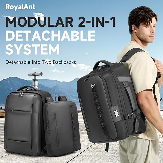 Travel Rolling Backpack,3 in 1 Carry on Backpack Flight Approved,Waterproof Personal Item Bag with Detachable Backpack,Extra Luggage Backpack 50L for Work Teacher College,Black