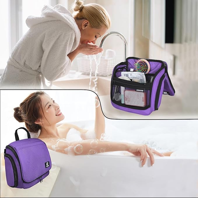 Goloni Hanging Toiletry Bag with Hook, Large Makeup Bag Travel Organizer, Water-Resistant Hanging Cosmetic Bag with 10 Compartments for Women & Men,Purple