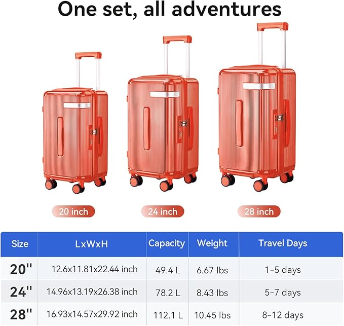 Travel Luggage Sets 3 Piece with Spinner Wheels, PC Hardside Suitcase Set for Family Trips with Cup and Phone Holder, Orange