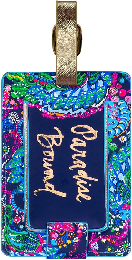 Lilly Pulitzer Leatherette Luggage Tag with Secure Strap, Colorful Suitcase Identifier for Travel