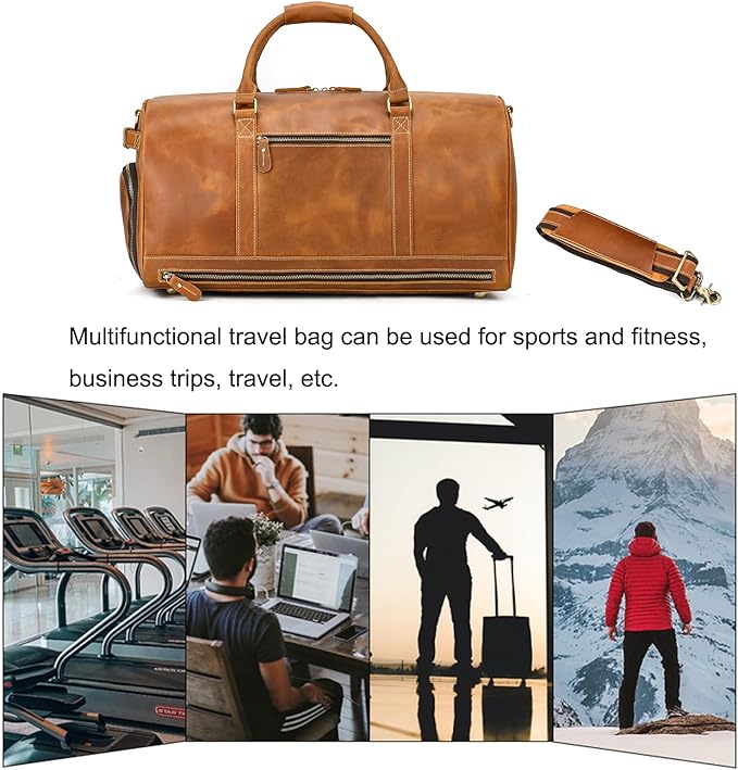 Full-grain Leather Travel Bag Large Capacity Duffel Luggage Bag with Shoe Compartment, Men Weekend Overnight Bag for Business Holiday Trip, Light Brown