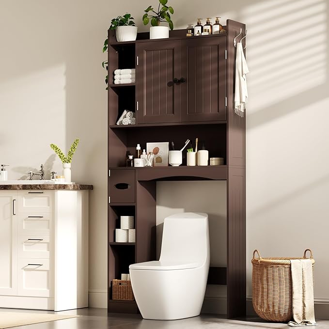 Gizoon Over The Toilet Storage Cabinet, Over Toilet Bathroom Organizer with Adjustable Shelves and 2 Doors, Over Toilet Storage Cabinet with Paper Holder, 2 Side Hooks, Space-Saver, Dark Brown
