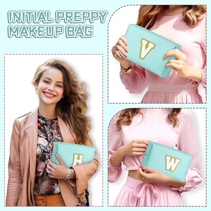 TOPEAST Initial Cosmetic Bag for Women, Preppy Small Makeup Bag, PU Leather Waterproof Toiletry Bag, Monogrammed Birthday Gifts for Women, Stuff for girls (Blue S)