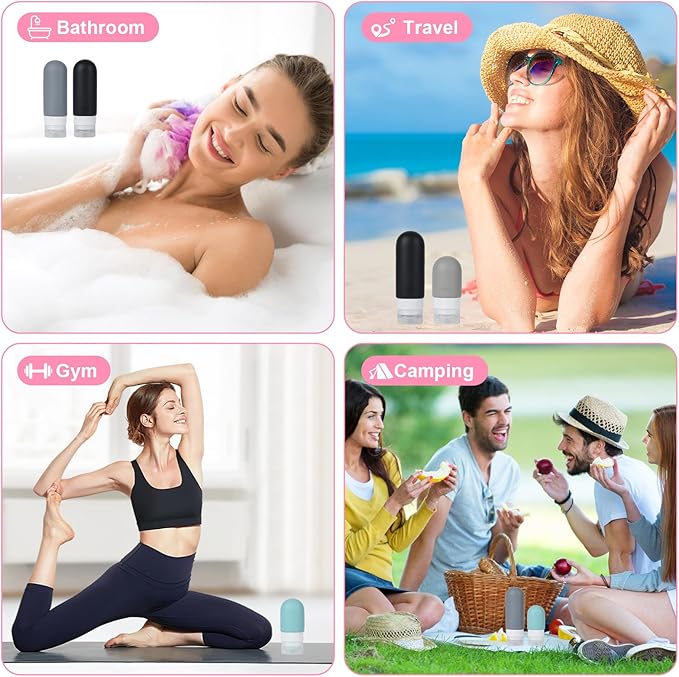 Travel Bottles Set for Toiletries, TSA Approved Travel Containers Leak Proof Silicone Squeezable Travel Accessories 2oz 3oz for Shampoo Conditioner Lotion Body Wash (Black)