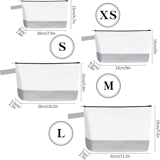 10 Pieces Cotton Canvas Makeup Bag with Bottom and Strap, Multi-Purpose Cosmetic Bag with Zipper Travel Toiletry Pouch, Blank DIY Craft Bag (White&Grey, L)