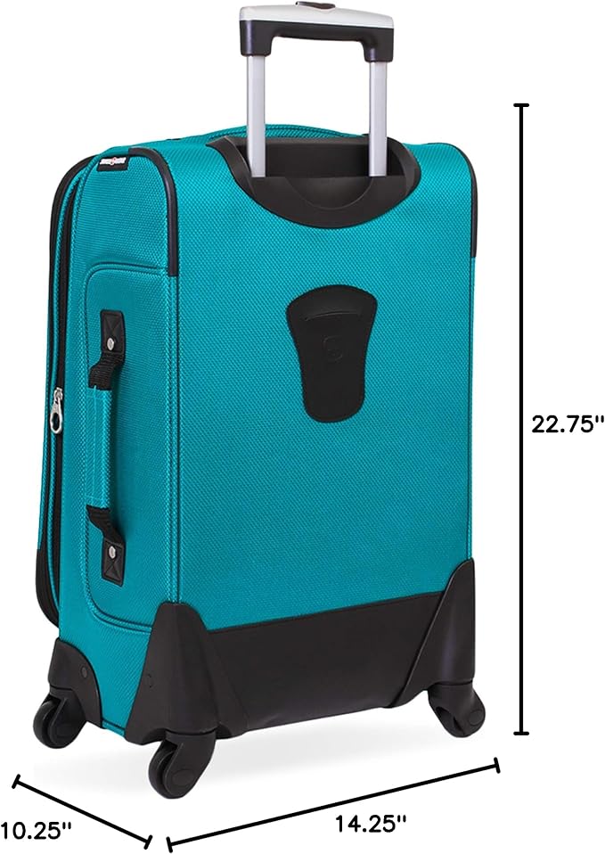 SwissGear Sion Softside Expandable Luggage – Carry-On Suitcase with 360 Degree Wheels & Retractable Handle – 21 Inch, Perfect for 1-3 Night Trips – Teal