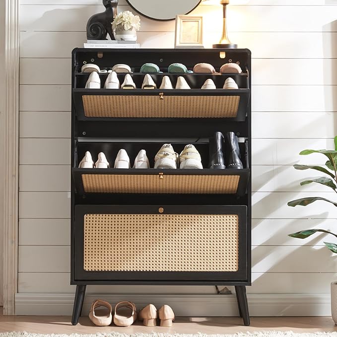 Rattan Shoe Cabinet with 3 Flip Drawers, 24 Pairs Narrow Shoe Storage Cabinet for Entryway Freestanding Hidden Shoe Rack, Modern Slim Wood Shoe Organizer for Hallway, Black