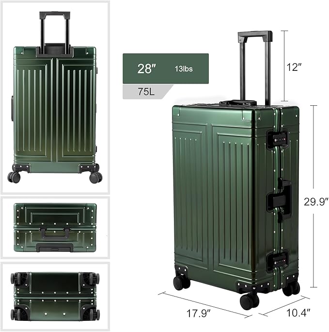 All Aluminum Magnesium Carry On Luggage,Cut from Whole Aluminum Sheet,22x14x9 Airline Approved ,(3rd Generation,Premium Magnesium Metal zipperless suitcase ) (green, 28inch)