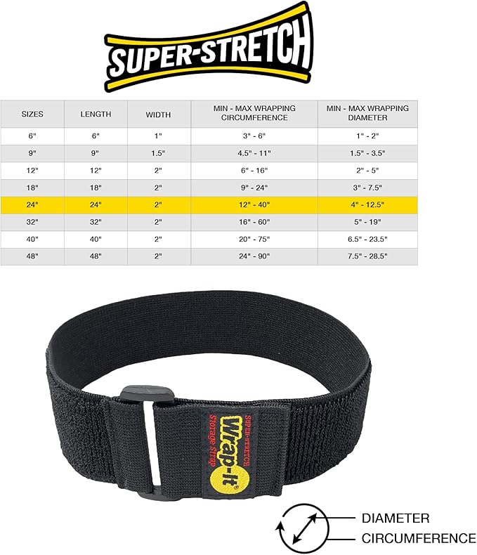 Super-Stretch Wrap-It Storage Straps - 24" (4 Pack) Black - Elastic Hook and Loop Cinch Straps fir Garden and Pool Hose Storage