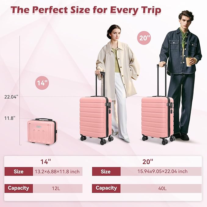 AnyZip Suitcase, 20" Carry On Luggage 14" Mini Cosmetic Cases Luggage Sets Hardside PC ABS Lightweight USB Suitcase with Wheels TSA for kids (2 Piece Set 14/20, Pink)