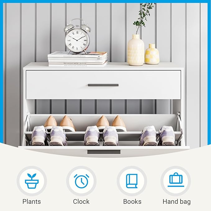 Narrow Shoe Storage Cabinet - Slim Shoe Cabinet with 2 Flip Drawers White Shoe Organizer Cabinet for Entryway & Front Door Entrance