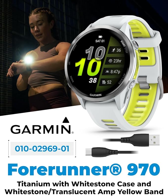 Wearable4U Garmin Forerunner 970 Titanium Smartwatch with Whitestone Case and Whitestone/Translucent Amp Yellow Band, AMOLED Display Power Bank Bundle