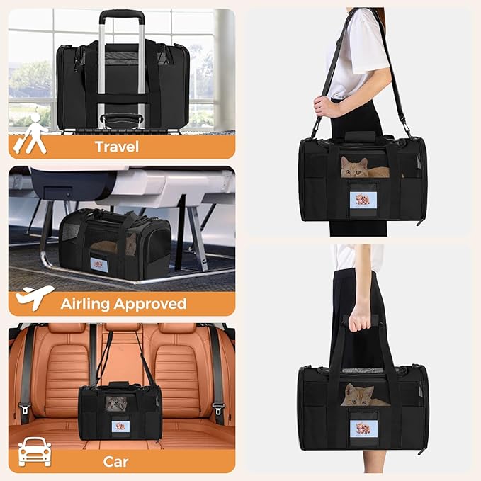 Cat Carrier Soft for Pets Up to 25 Lbs, Cat Travel Bag with Padded Shoulder Strap and Detachable Cat Food Bowl, Pet Dog Carriers for Small Dogs Travel Puppy Carry Airline Approved, Black