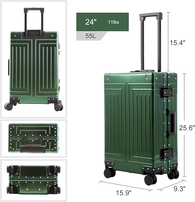 All Aluminum Carry On Luggage,Cut from Whole Aluminum Sheet,22x14x9 Airline Approved ,(3rd Generation,Premium Metal zipperless suitcase ) (green, 24inch)