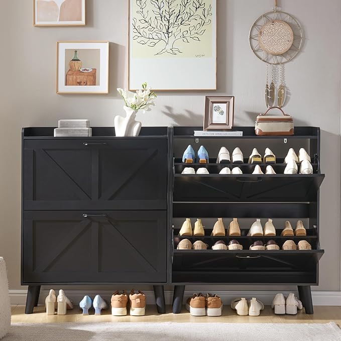 LEYAOYAO Shoe Storage Cabinet with 2 Flip Drawers,Narrow Shoe Storage Cabinet Organizer with Legs for Entryway Hallway, Living Room, Bedroom,Hidden Slim Storage Narrow Shoe Rack Cabinet,Black