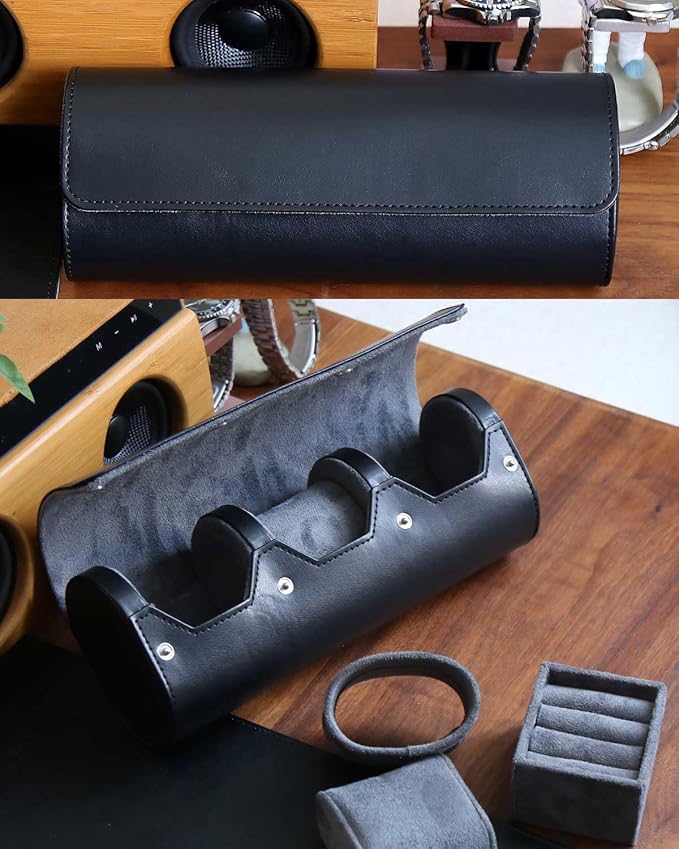 Watch and Cufflink Organizer for Men - Portable 2 Slot Display Storage Box With Velvet Holder for Large Watches, Rings - Travel Roll Case