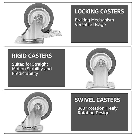 4 Inch Caster Wheels, Rubber Wheels Silent Castor- Set of 4 Heavy Duty Caster Wheels with Brake 1600Lbs, Industrial Plate Casters Wheels for Cart Furniture Workbench (2 Brake & 2 Rigid)