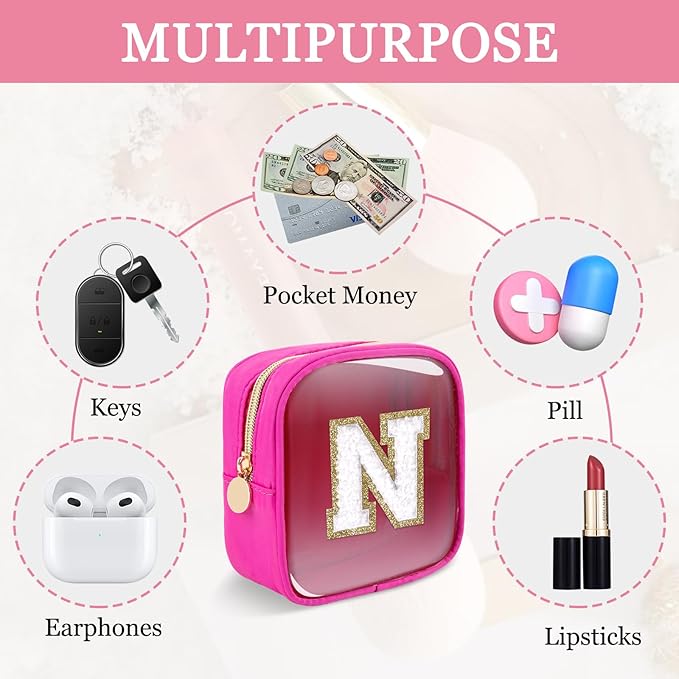 Mini Clear Personalized Initial Makeup Bag,Nylon Preppy A-Z Chenille Letter Patch Zipper Cosmetic Bag, Small Cute Beach Pouch Travel Purse Sanitary Napkin Storage Bag for Women Girls(Hot Pink-White N)
