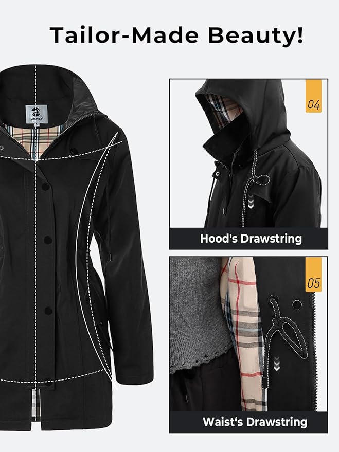 SaphiRose Women's Long Hooded Rain Jacket Outdoor Raincoat Windbreaker