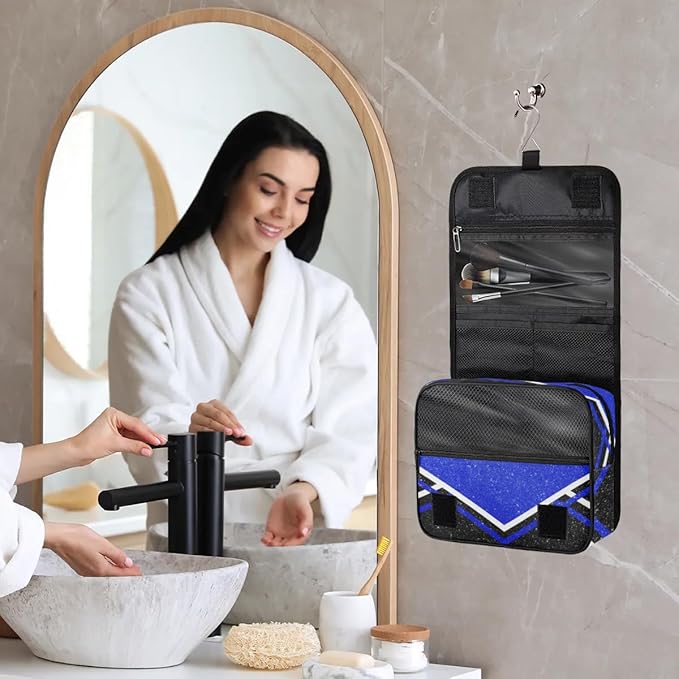 Personalized Travel Cheerleading Toiletry Hanging Bag Waterproof Bags, Custom Name Cosmetic Makeup bag Toiletries Organizer Container Bag, Royal Blue Black Glitters Effect
