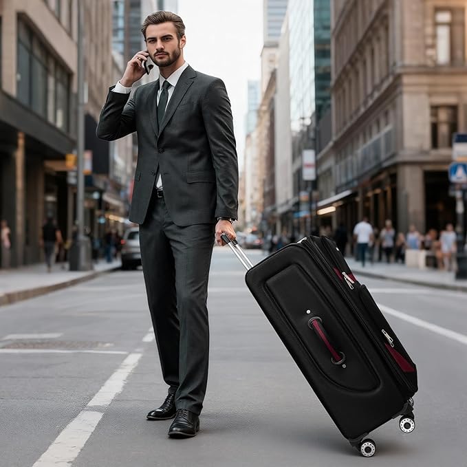32'' Large Softside Suitcase,Expandable 15% Luggage,with Double Spinner Wheels and LOCK,Lightweight Travel Suitcase for Men/Women(Black-Burgundy,32in)