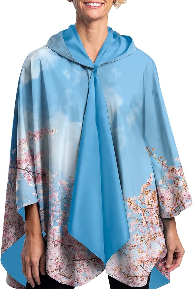 RainCaper Cherry Blossoms Womens Rain Cape Poncho with Hood Reversible