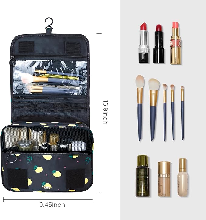 Large Capacity Toiletry Bag Travel Bag with Hanging Hook for Men and Women Waterproof Travel Cosmetic Bag Bathroom Storage Bag for Brushes Set,Full-Sized Shampoo,Accessories -Yellow Lemon