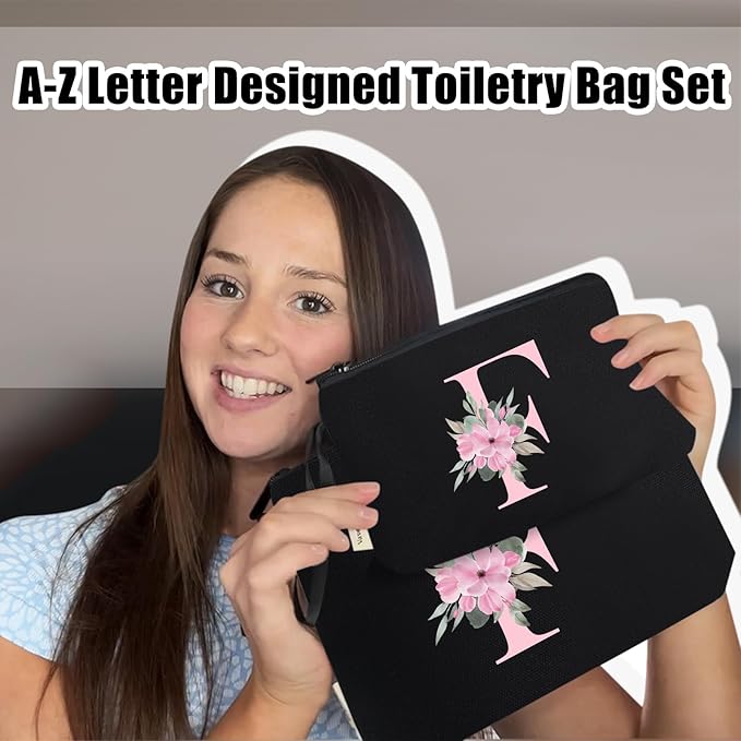 Vavabox A-Z Personalized Makeup Bag, Birthday Gifts for Women Mom, Gifts for Best Friend, Bride Bridesmaid Cosmetic bag (F, 04-Black Set)