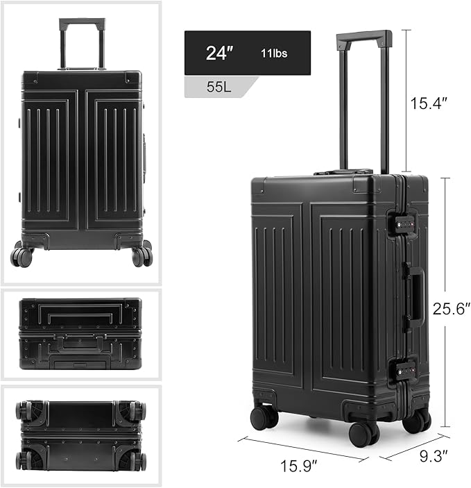 All Aluminum Magnesium Carry On Luggage,Cut from Whole Aluminum Sheet,22x14x9 Airline Approved ,(3rd Generation,Premium Magnesium Metal zipperless suitcase ) (black, 24inch)