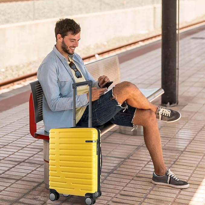 EMPSIGN Carry On Luggage with Spinner Wheels, Hard Shell Carry-On Expandable Suitcase 21x14x9 Airline Approved & Built-in TSA Lock, Durable Travel Rolling Suitcase, Carry-On 20-Inch, Yellow