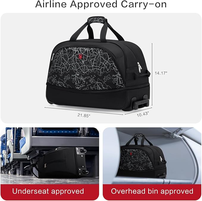 OIWAS Small Rolling Duffle Bag with Wheels Travel 22 inch Carry On Luggage Unisex-Adult Short Term Trips Expandable 50L to 60L