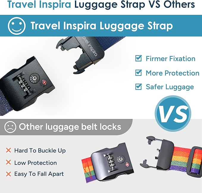 Travel Inspira Luggage Straps TSA Approved with TSA Lock Adjustable Luggage Straps Combination Lock for Suitcase Nylon Suitcase Travel Belt TSA Approved Buckle Included Tags identifiers (Blue)