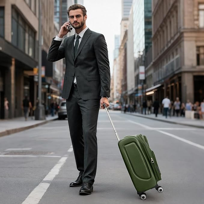 20" Luggage, Softside Suitcase with LOCK,Expandable Luggage w/Double Spinner Wheels, Lightweight Rolling Suitcases for Travel Carry On Luggage(Green-Grey,20in)