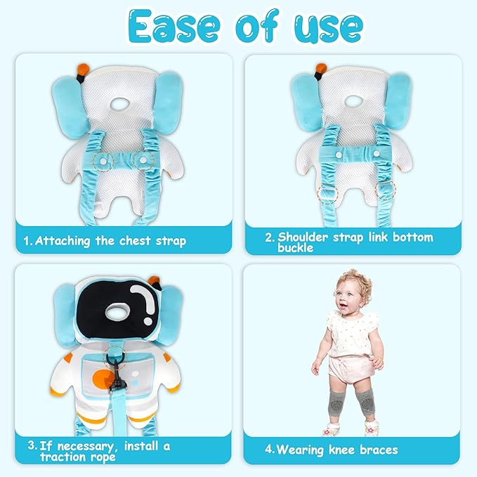 Baby Backpack Walker Protection, Toddler Head Protector Backpack Adjustable 270° Three-Sided Protection Breathable Design with Knee Pads & Safety Rope, 6-12 Month Baby(Astronaut)