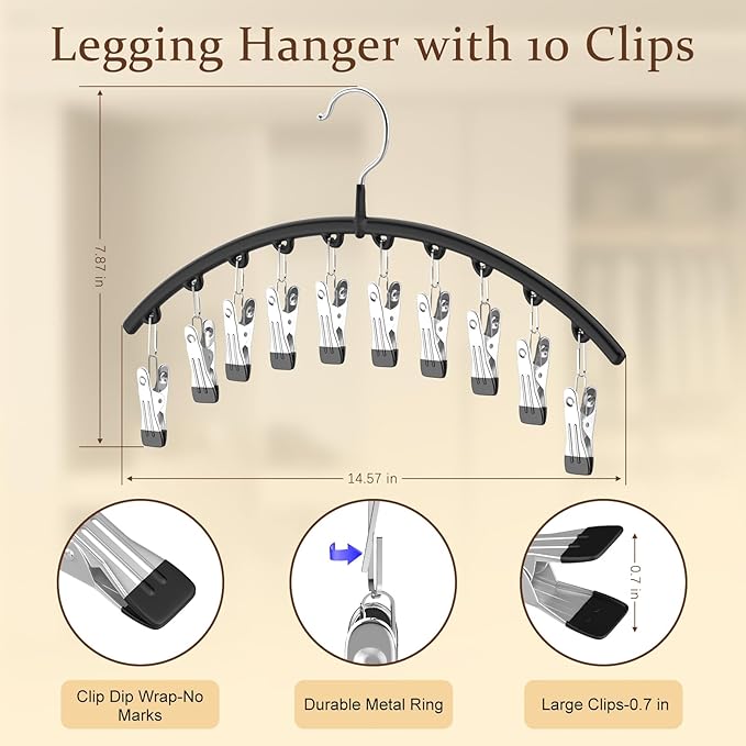 4 Pack Legging Organizer& Bra Hanger, 2 in 1 Space Saving Hangers Max 60 Leggings & Bras Capacity for Closet Organizers and Storage, Metal Yoga Pant Hanger& Foldable Wood Tank Top Organizer
