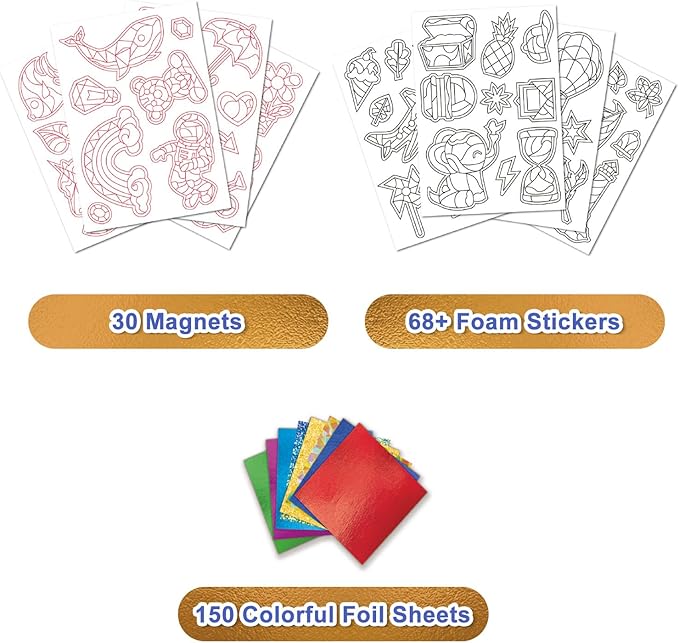 FLUXOJOY Foil Art Craft Kits for Kids, Mess -Free Fun Activity Set for Child, DIY Printing Craft Kits, Christmas Gifts for Ages 4 5 6 7 8 9 10 11 12 Years and Up, Art Travel Toys for Boys Girls