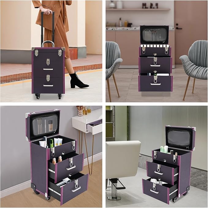 Rolling Makeup Case w/ 2 Keys, 3-tier Lockable Makeup Train Case w/ Drawers, Removable Baffle Nail Polish Organizer, Travel Cosmetic Case w/ 17.7in Telescopic Rod, 14.1*9*22.4in, Silver Latch+Purple